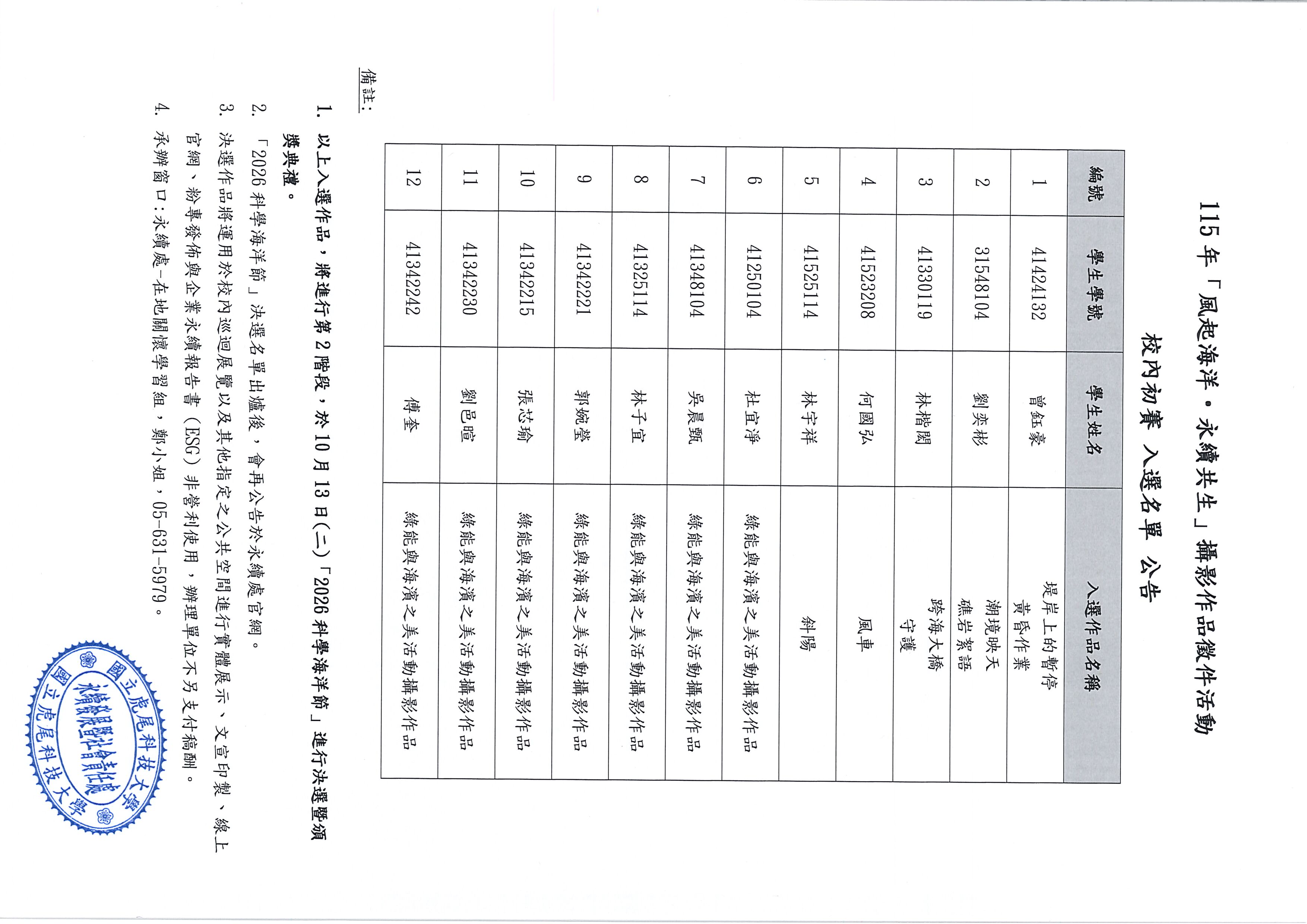 校內初賽入選公告